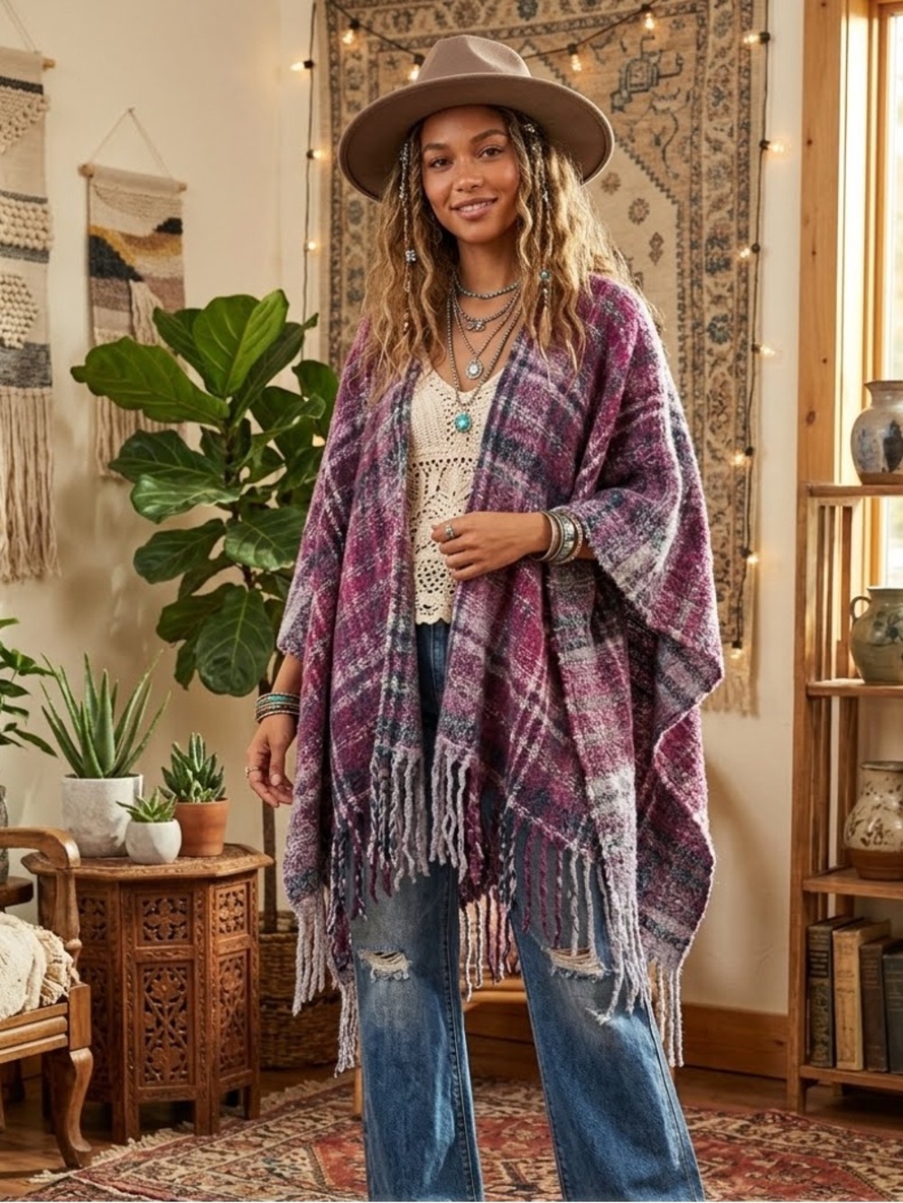 Woolrich Purple Plaid Bouclé Blanket Wrap Poncho Western Fringe Size OS